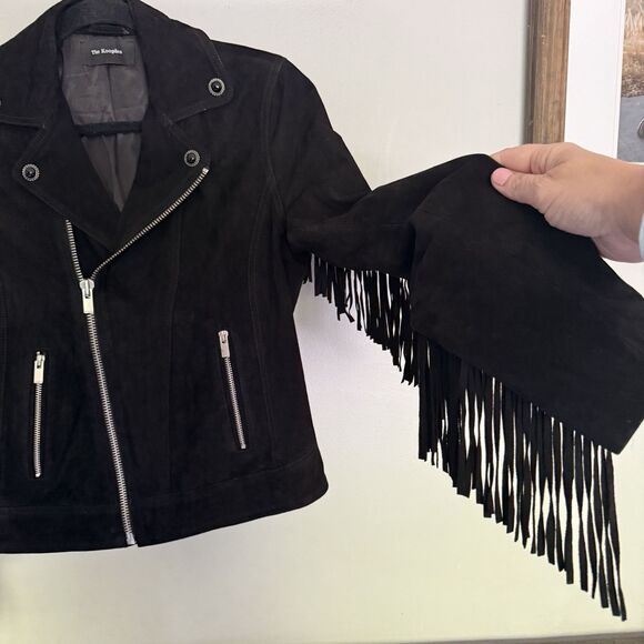 The Kooples Women S Fringed Jacket Goat Leather Soft Suede Biker Black Jacket - Picture 2 of 9